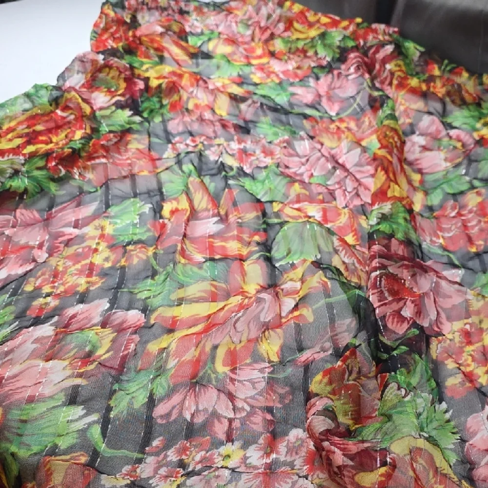 Vibrant Colorful Floral‎ Sheer Scarf Beach Wrap Silver Threads 40in EUC